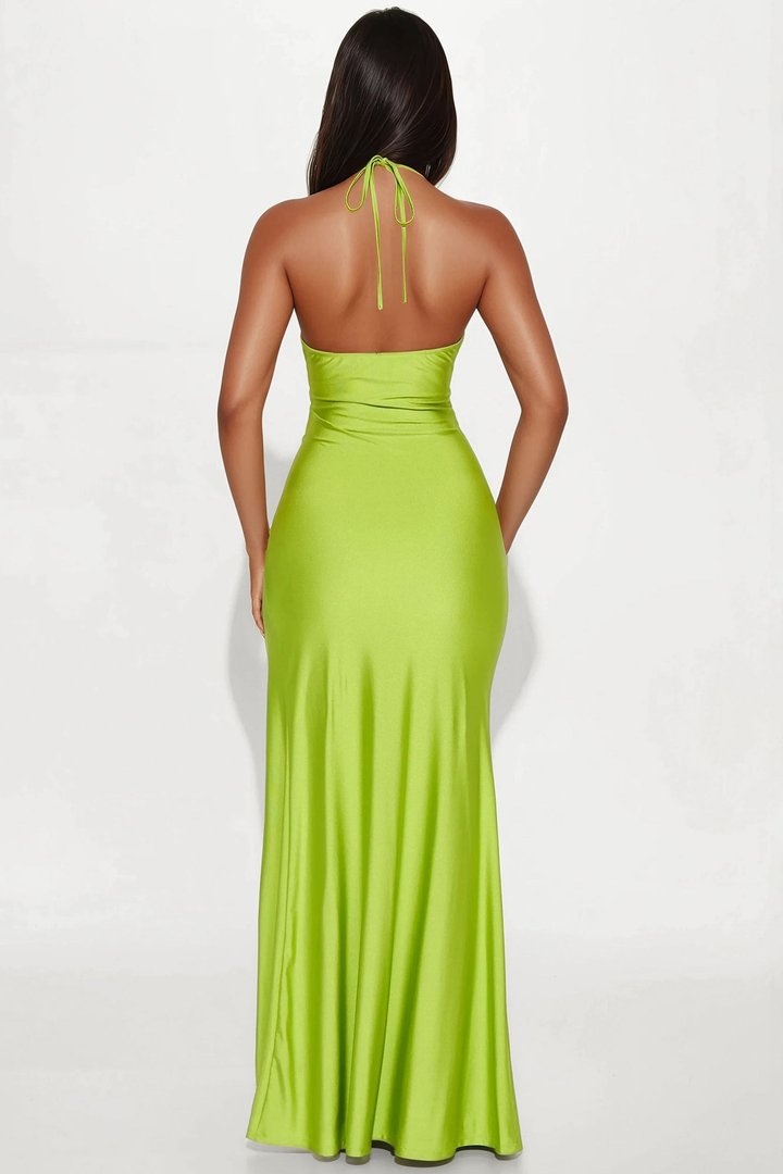 Elma Cut Out Tricot Halter Maxi Dress - Chartreuse