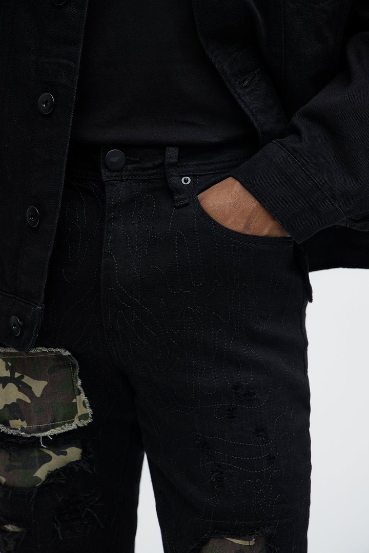 Hint Of Camo Stacked Skinny Flare Jeans - Black