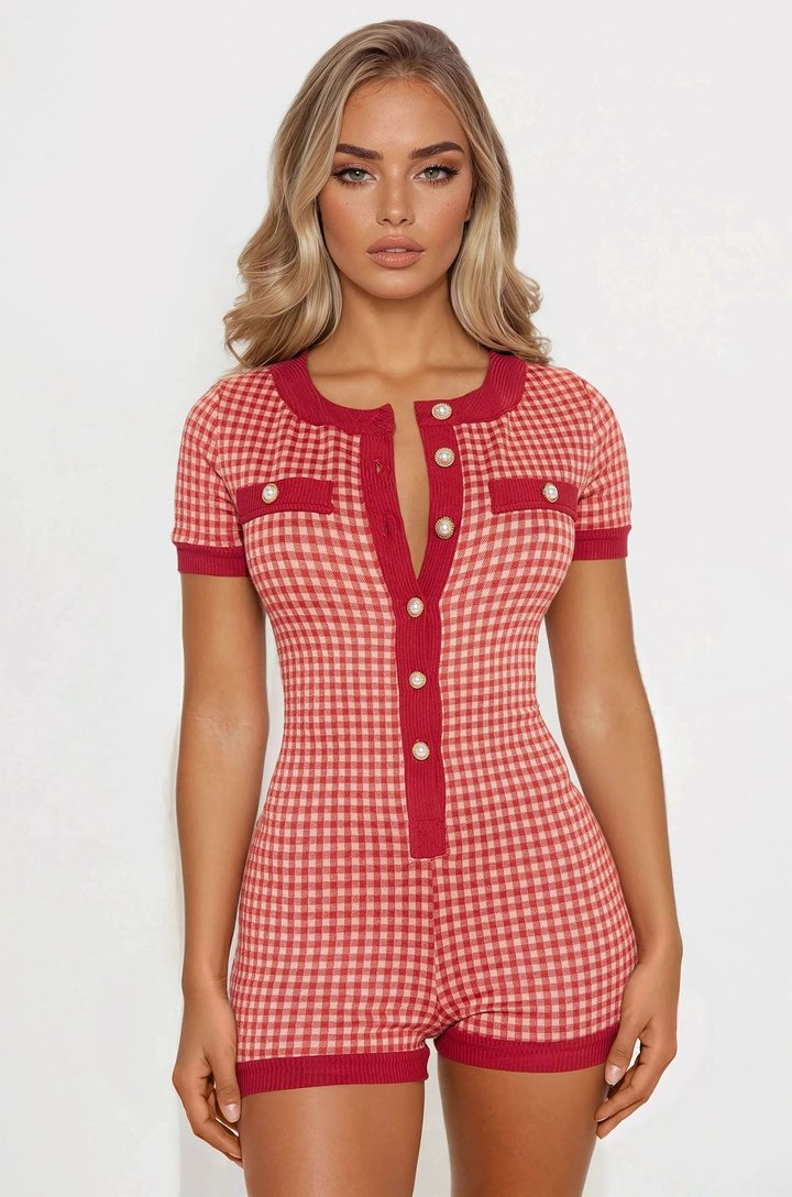 Check And Mate Plaid Booty Shorts Romper - Red/combo