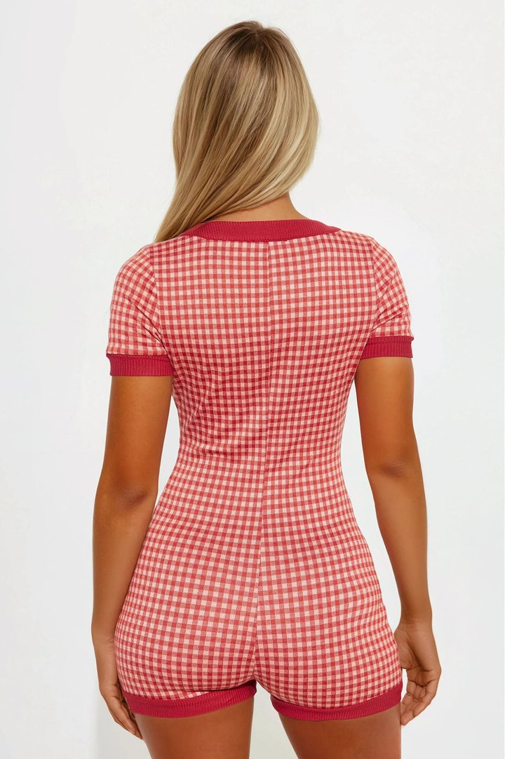 Check And Mate Plaid Booty Shorts Romper - Red/combo