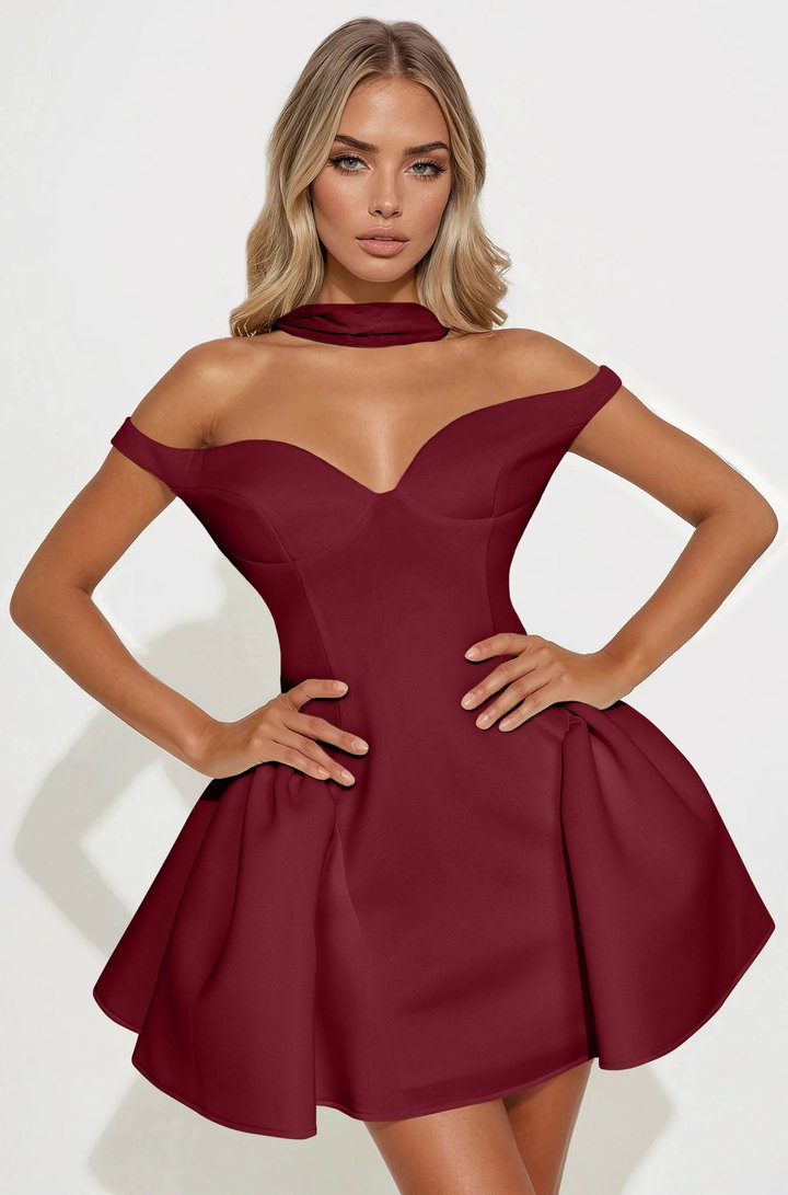 Grand Beauty Off Shoulder Mini Dress - Wine