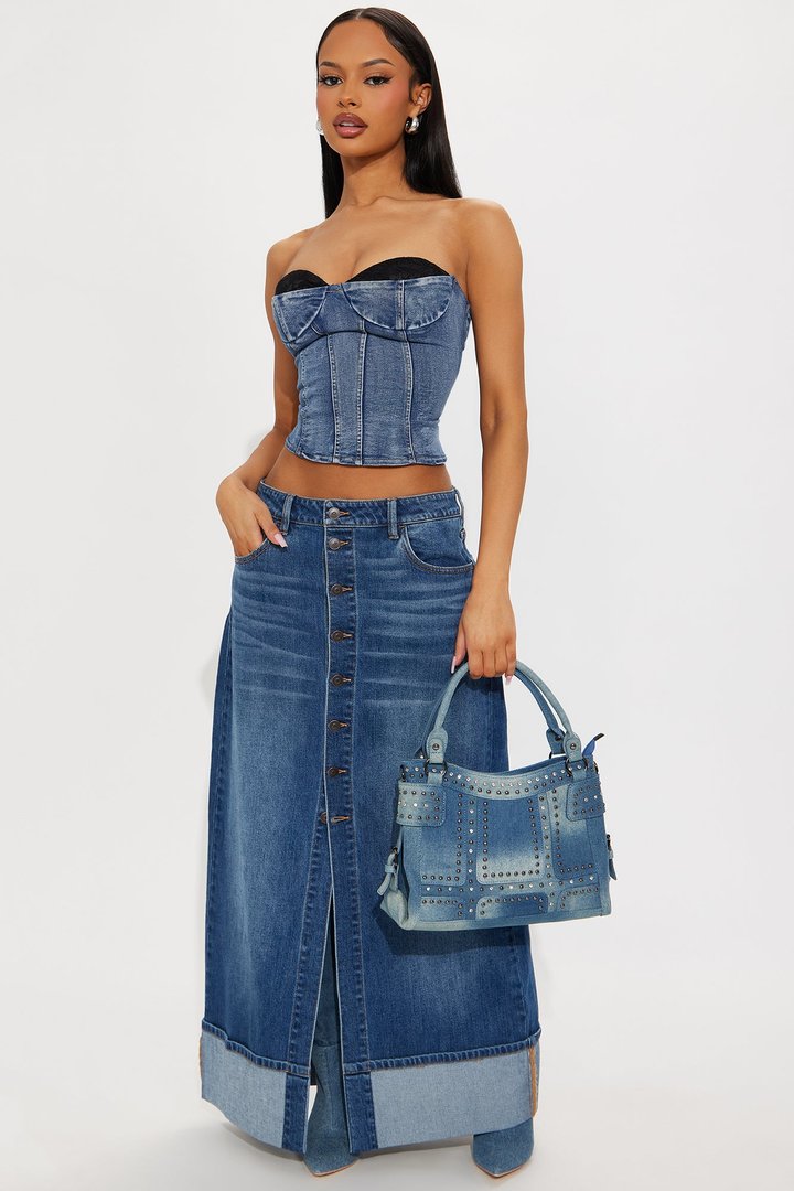 Loulou Mid Rise Denim Cuffed Hem Ankle Maxi Skirt - Medium Wash