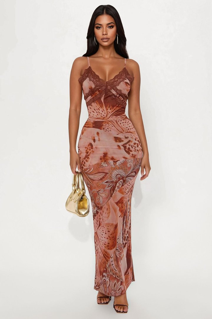 Lena Floral Mesh Maxi Skirt Set - Rust