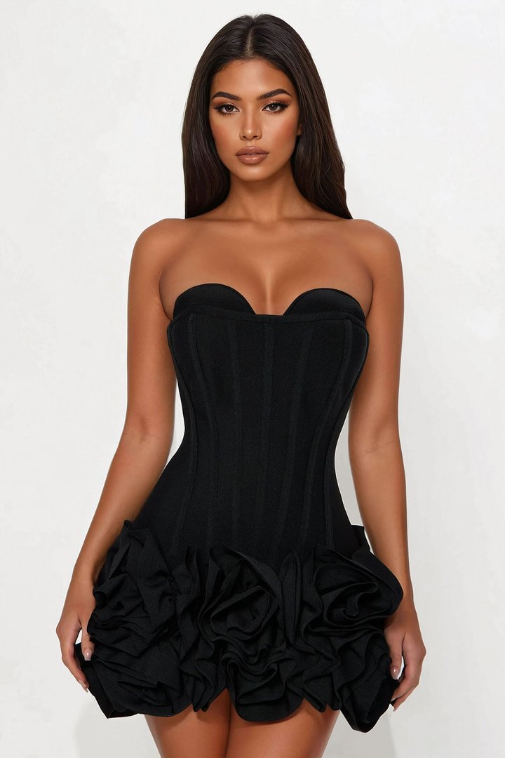 Blessed Beauty Ruffle Rosette Bandage Mini Dress - Black
