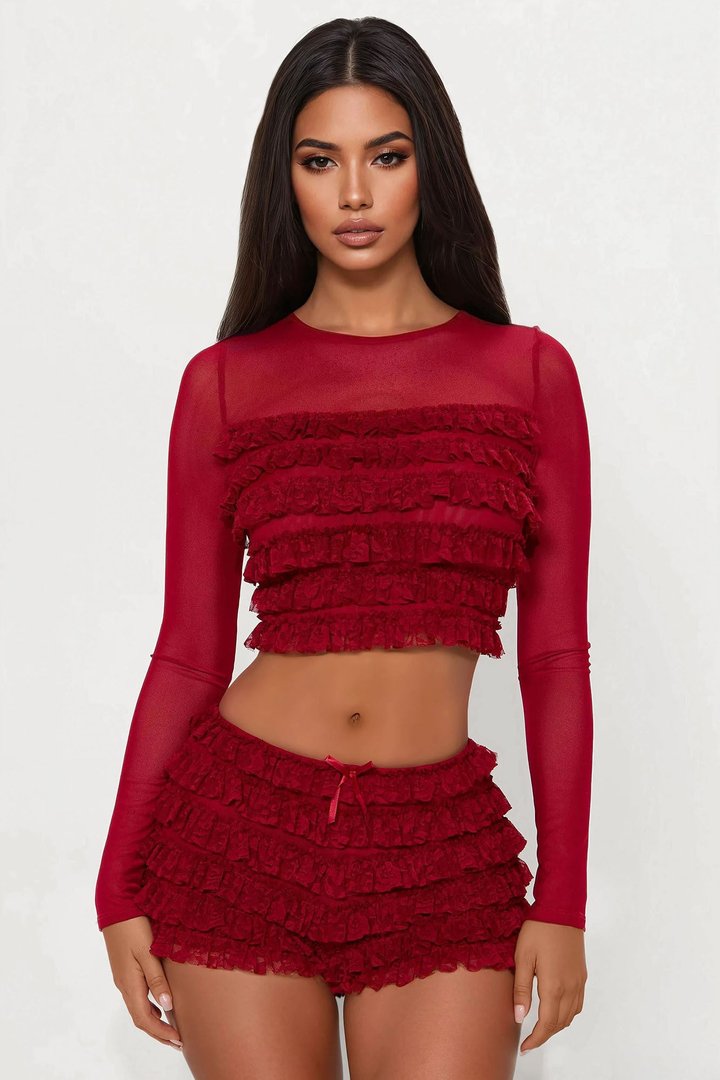 Mia Ruffle Mesh Short Set - Wine