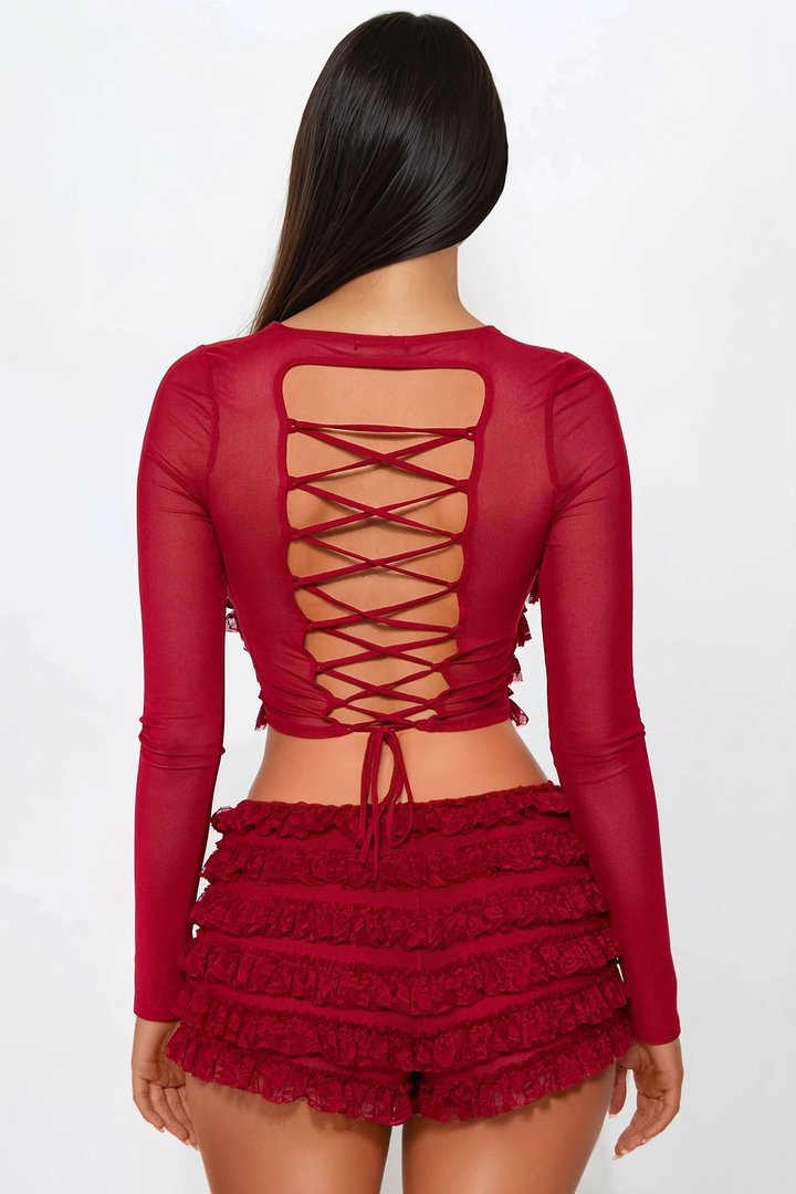 Mia Ruffle Mesh Short Set - Wine