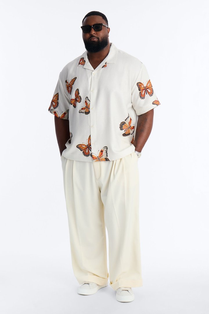 Butterfly Linen Like Button Up Shirt - Off White/combo