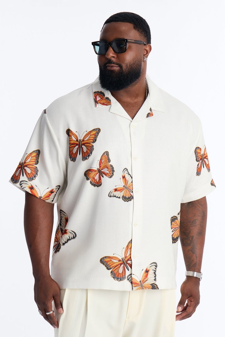 Butterfly Linen Like Button Up Shirt - Off White/combo