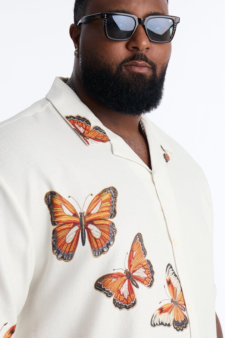 Butterfly Linen Like Button Up Shirt - Off White/combo