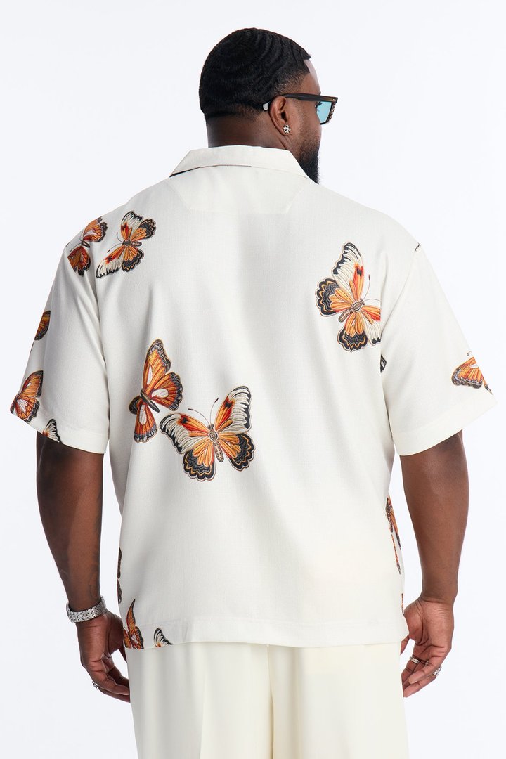 Butterfly Linen Like Button Up Shirt - Off White/combo