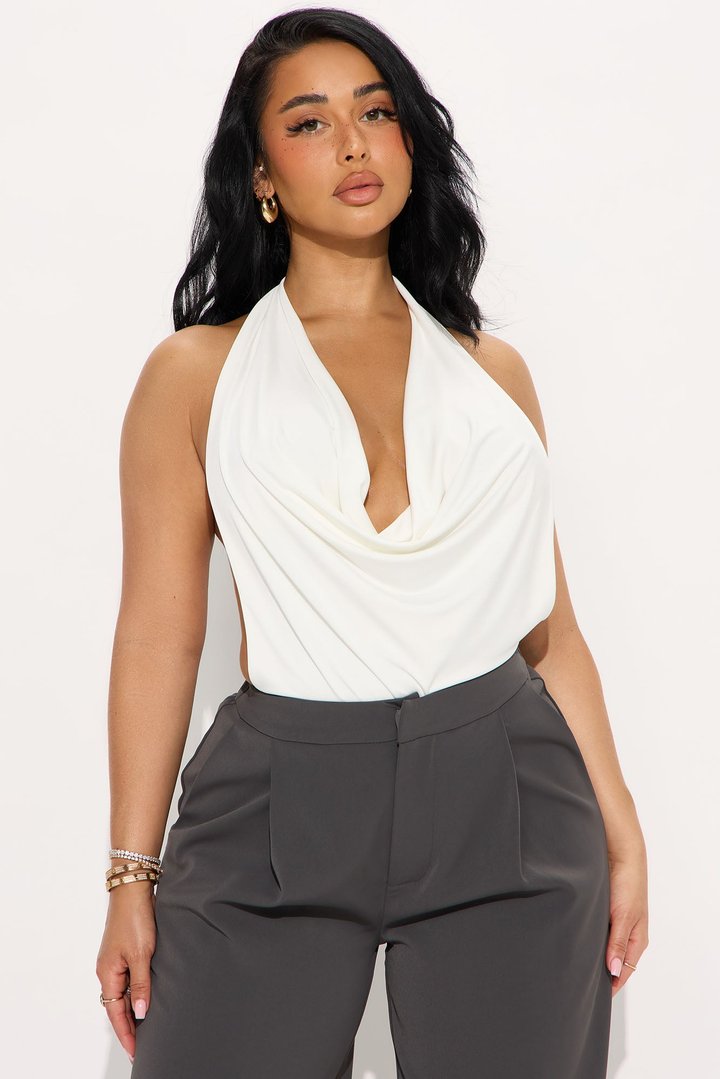 Moving Independent Cowl Neck Halter Bodysuit - White