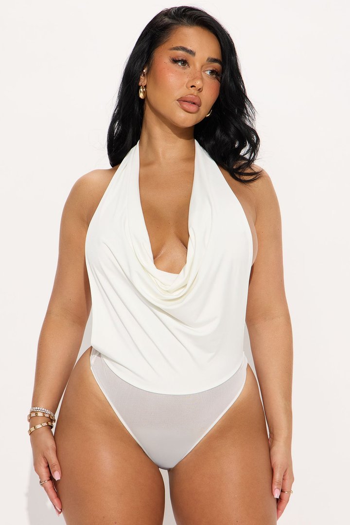 Moving Independent Cowl Neck Halter Bodysuit - White