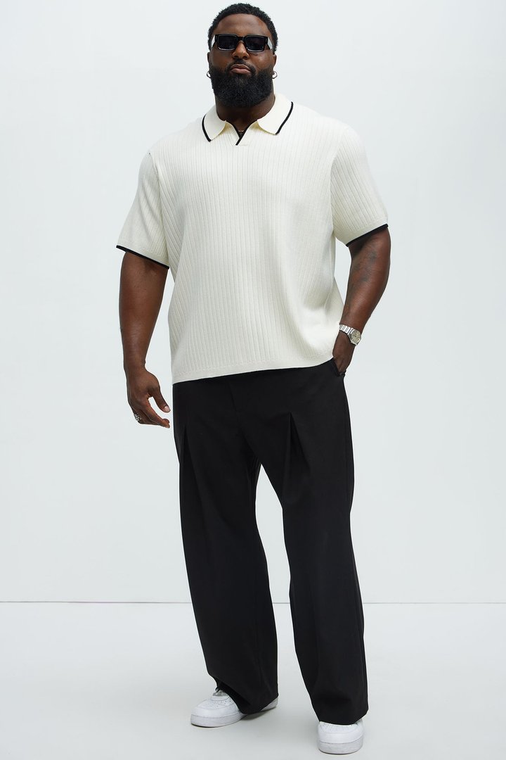 Garrison Knitted Johnny Collar Short Sleeve Polo - Cream/combo