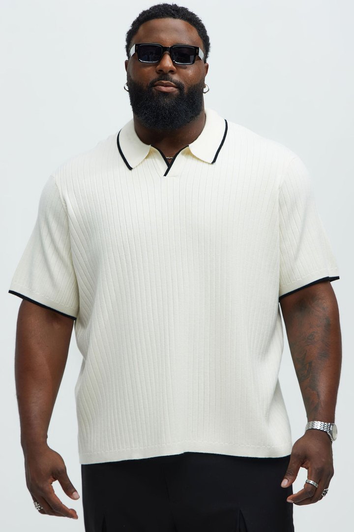 Garrison Knitted Johnny Collar Short Sleeve Polo - Cream/combo