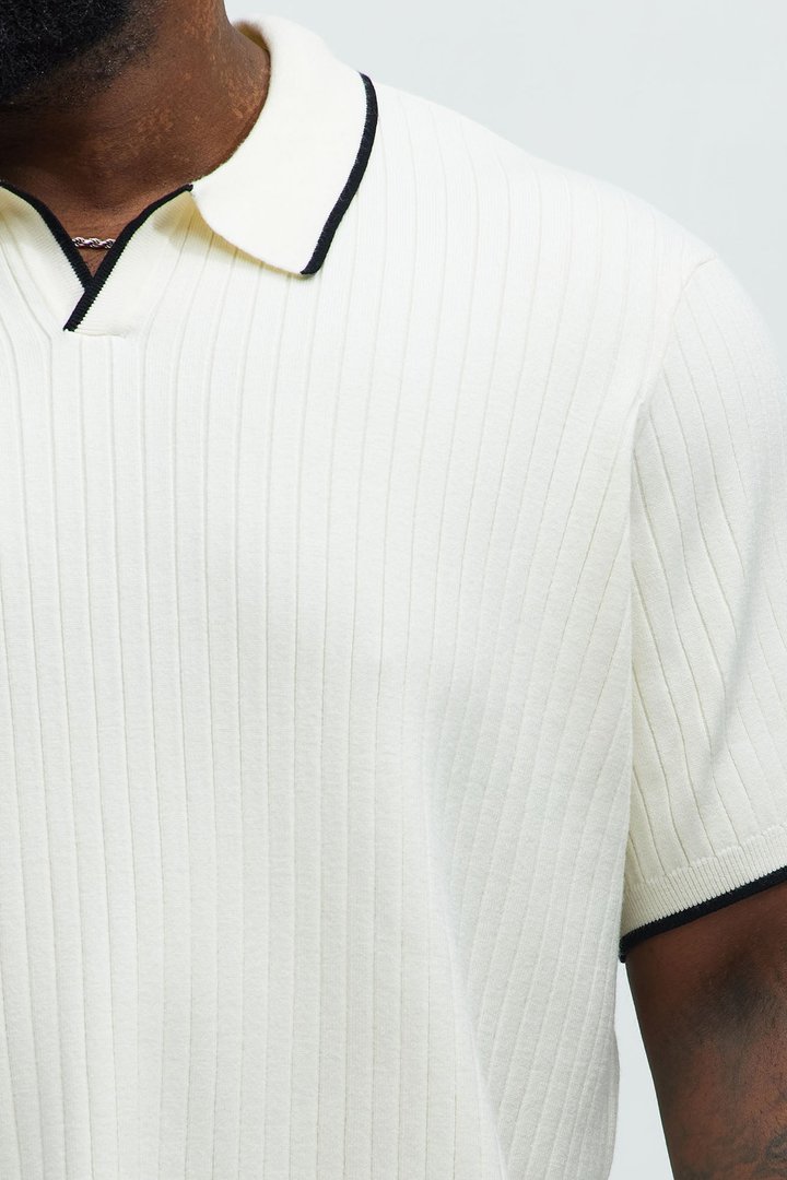 Garrison Knitted Johnny Collar Short Sleeve Polo - Cream/combo