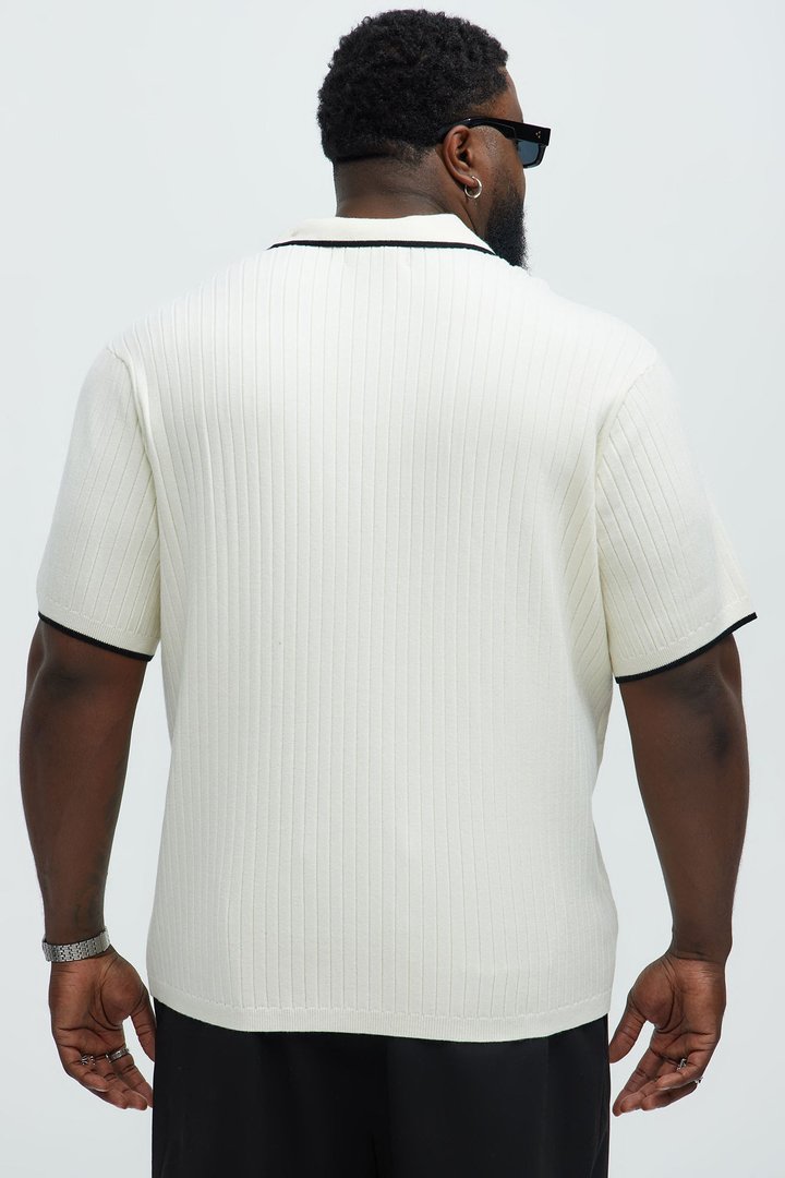 Garrison Knitted Johnny Collar Short Sleeve Polo - Cream/combo