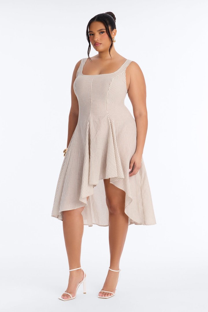 Chelsea Asymmetrical Striped Midi Dress - Taupe/combo