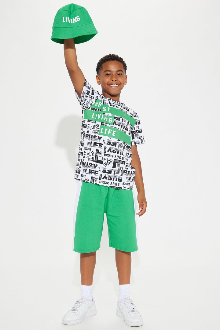 Mini Busy Living My Best Life Short Set With Hat - Green/combo