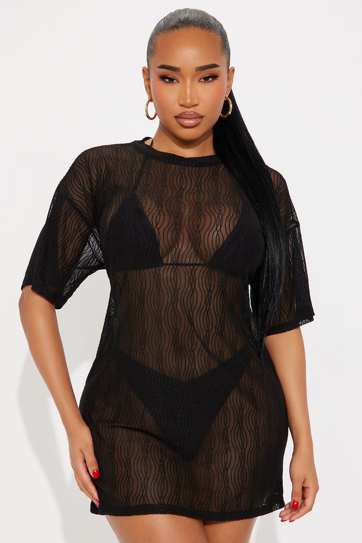 Summer Wave Textured Mesh Cover Up Dress - Black