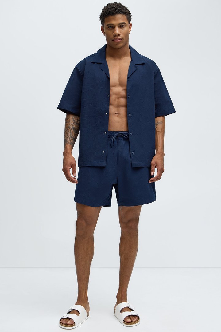 Seersucker Short Sleeve Cuban Collar Shirt - Navy