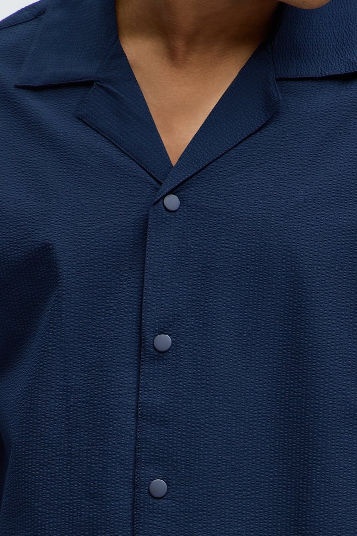 Seersucker Short Sleeve Cuban Collar Shirt - Navy