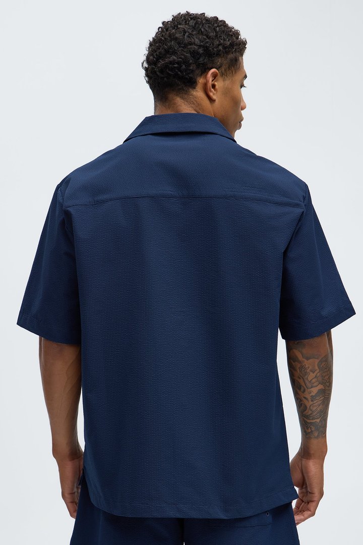 Seersucker Short Sleeve Cuban Collar Shirt - Navy