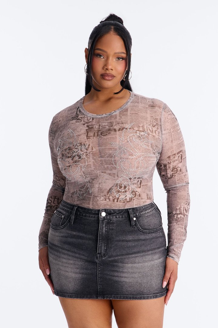 Front Page Mesh Rhinestone Top - Grey/combo