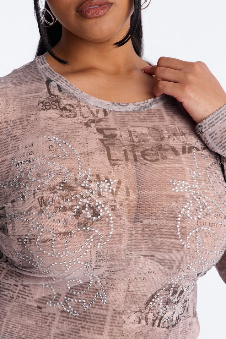 Front Page Mesh Rhinestone Top - Grey/combo