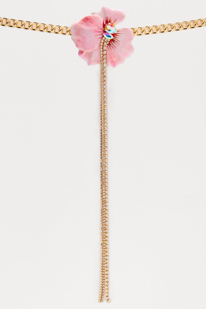 3D Floral Rhinestones Lariat Necklace - Pink/combo