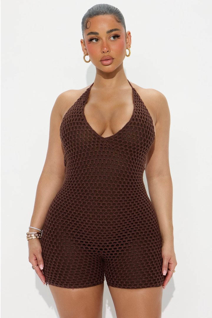 Santorini Sunset Crochet Romper - Chocolate