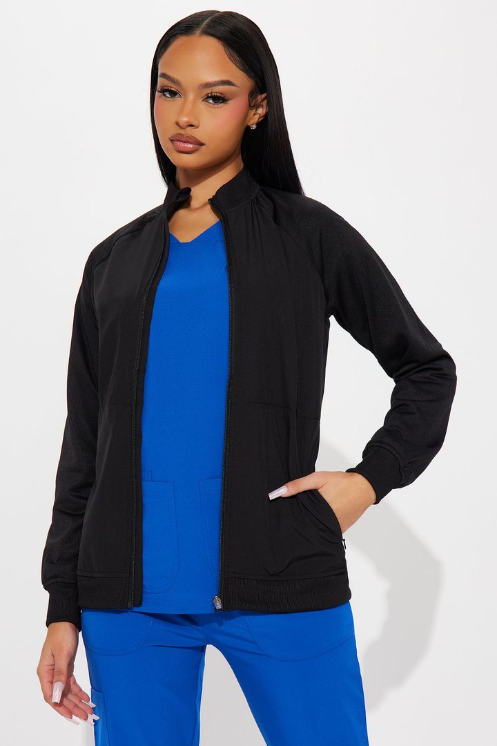 Full Shift Stretch Scrub Uniform Zip Up Jacket - Black