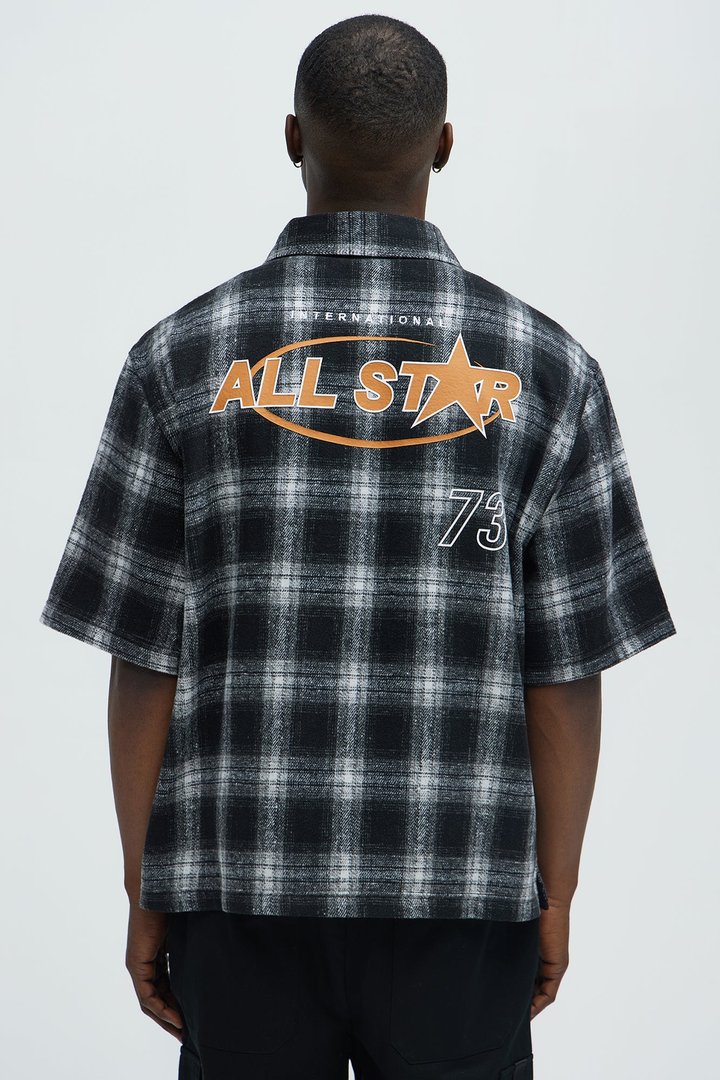All Star Plaid Button Down Cropped Short Sleeve Shirt - Black/combo