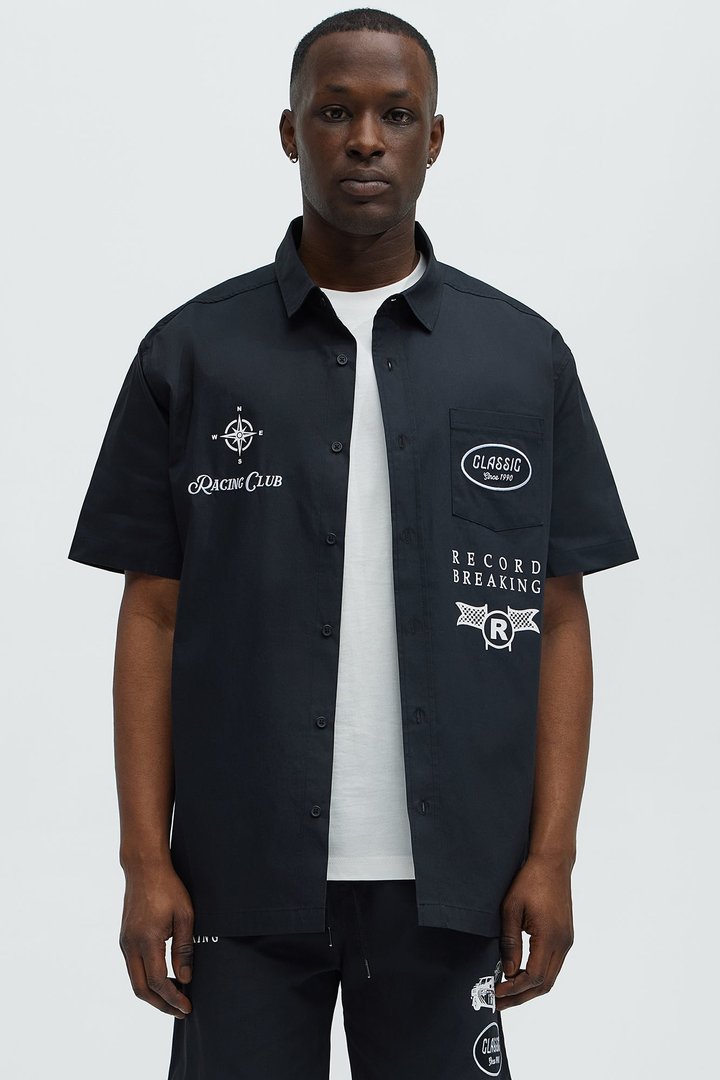 Racing Club Short Sleeve Button Up Shirt - Black