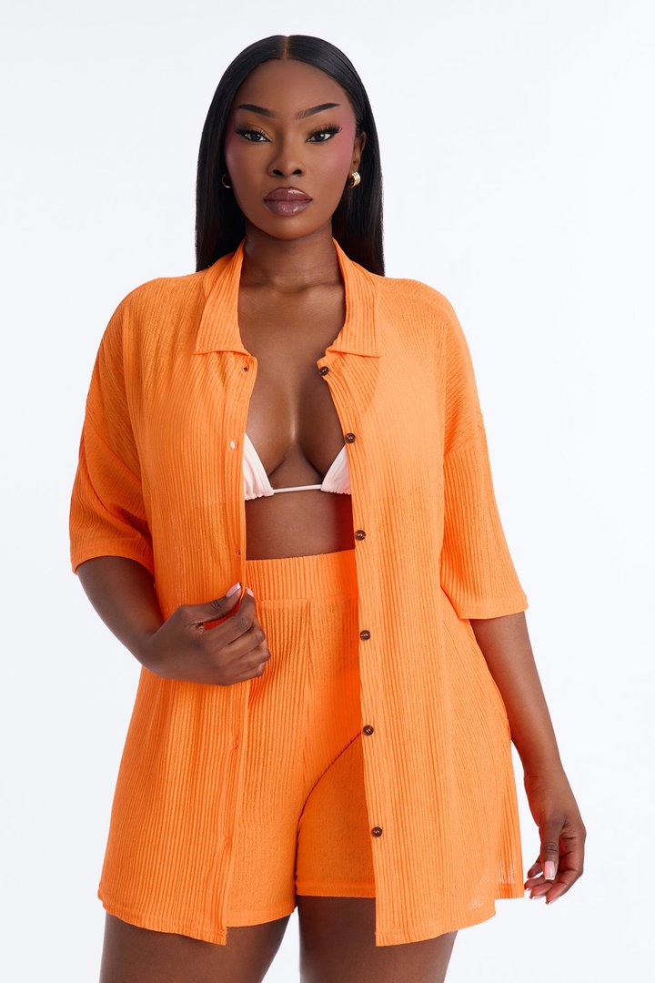 Summer Breeze Button Up Cover Up Shorts Set - Orange