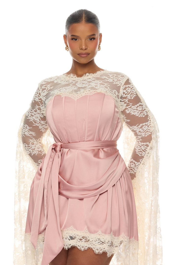 Amelia Satin Lace Mini Dress - Mauve