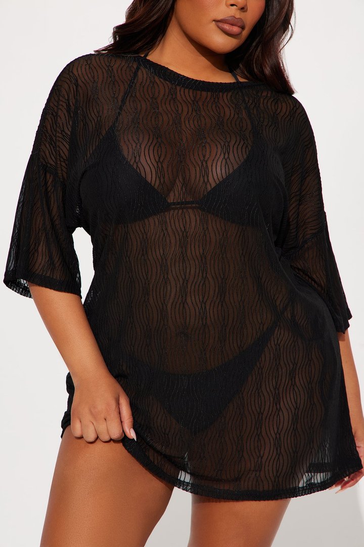 Summer Wave Textured Mesh Cover Up Dress - Black