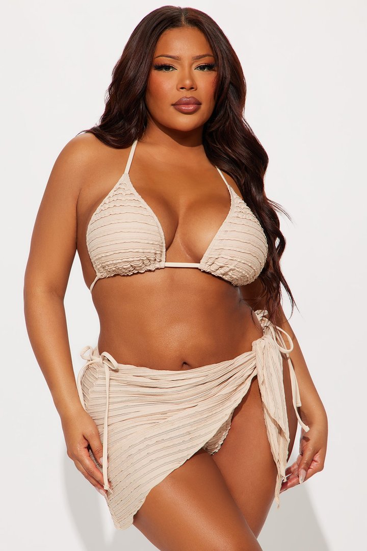 Coconut Island Textured 3 Piece Bikini Sarong Set - Tan