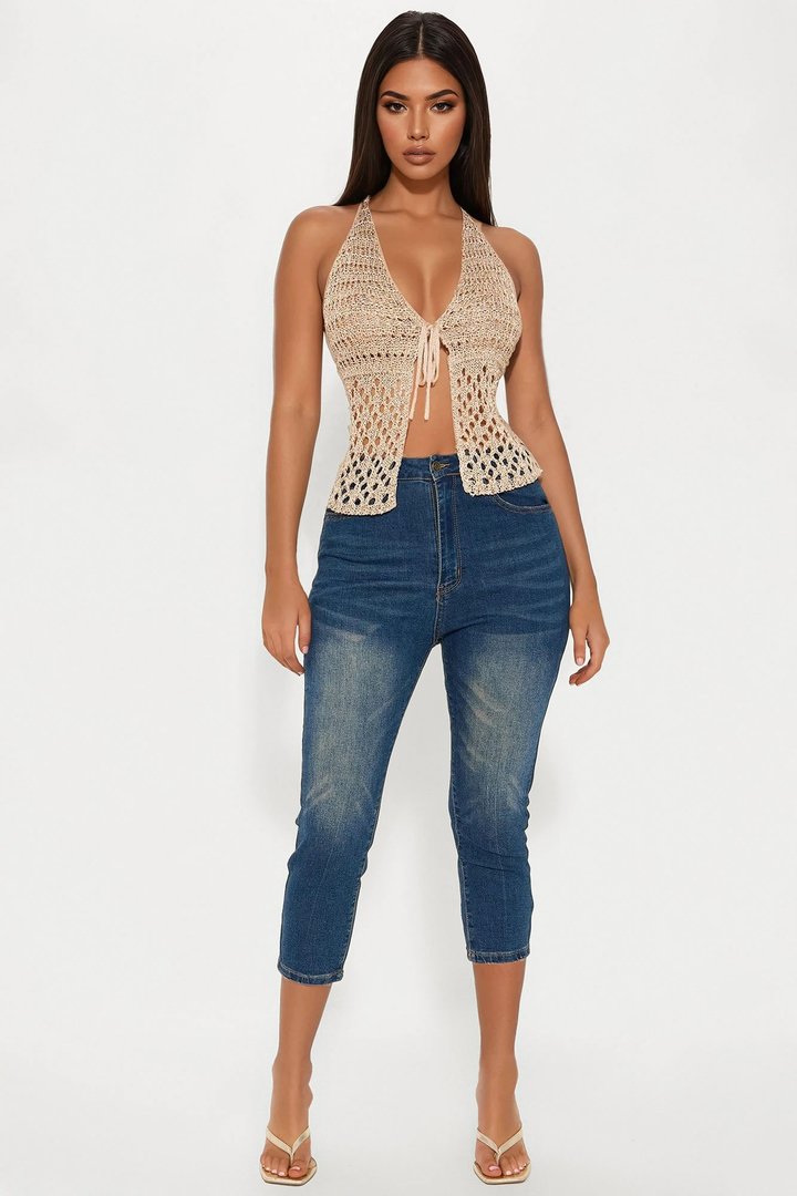Lani Crochet Tie Front Top - Gold