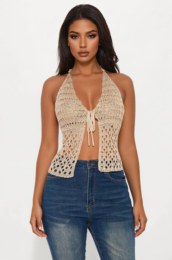 Lani Crochet Tie Front Top - Gold
