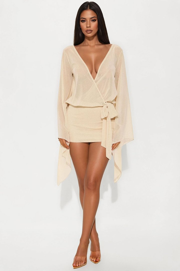 Gordana Glitter Mesh Mini Dress - Champagne