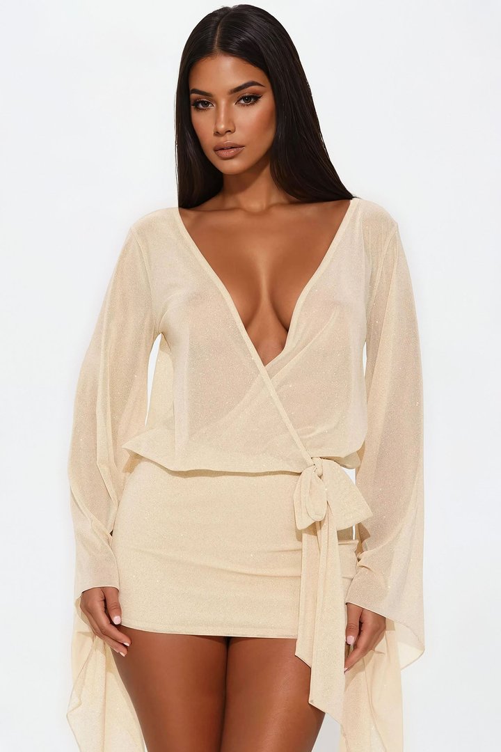 Gordana Glitter Mesh Mini Dress - Champagne