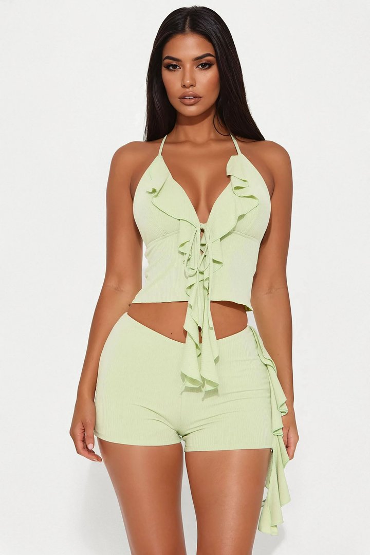 Sunset Haven Ribbed Halter Short Set - Sage