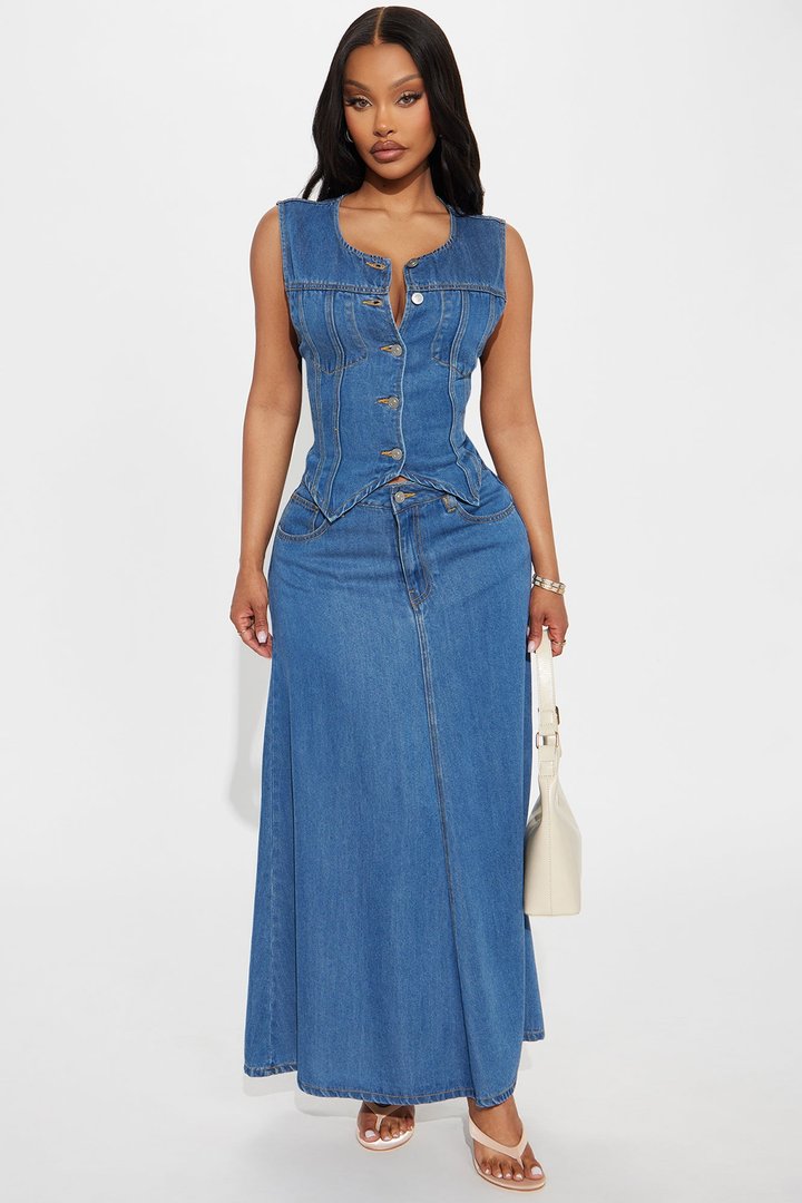 Street Chic Denim Maxi Skirt Set - Medium Wash