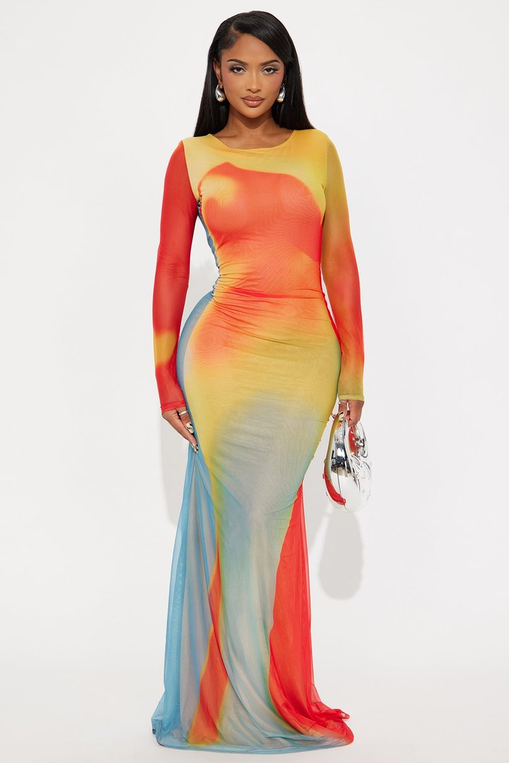 Heated Abstract Maxi Dress - Red/combo