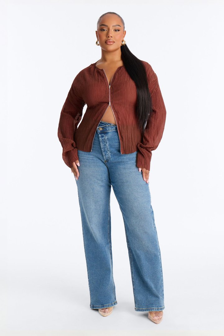 Kasey Front Zip Plisse Top - Mauve