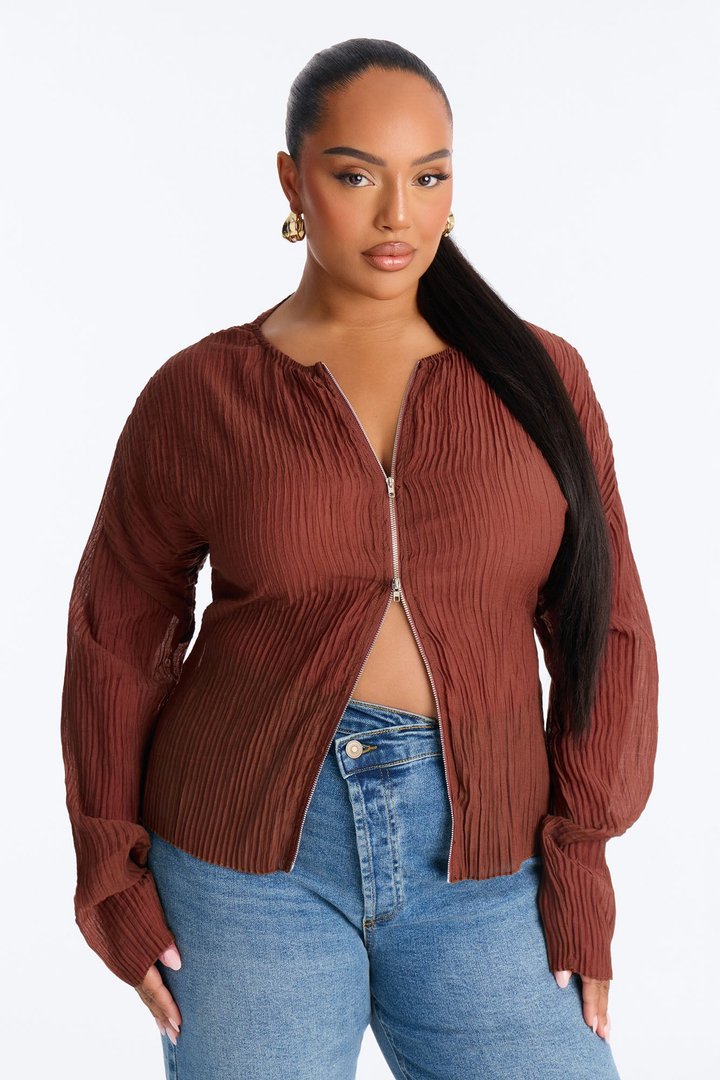 Kasey Front Zip Plisse Top - Mauve