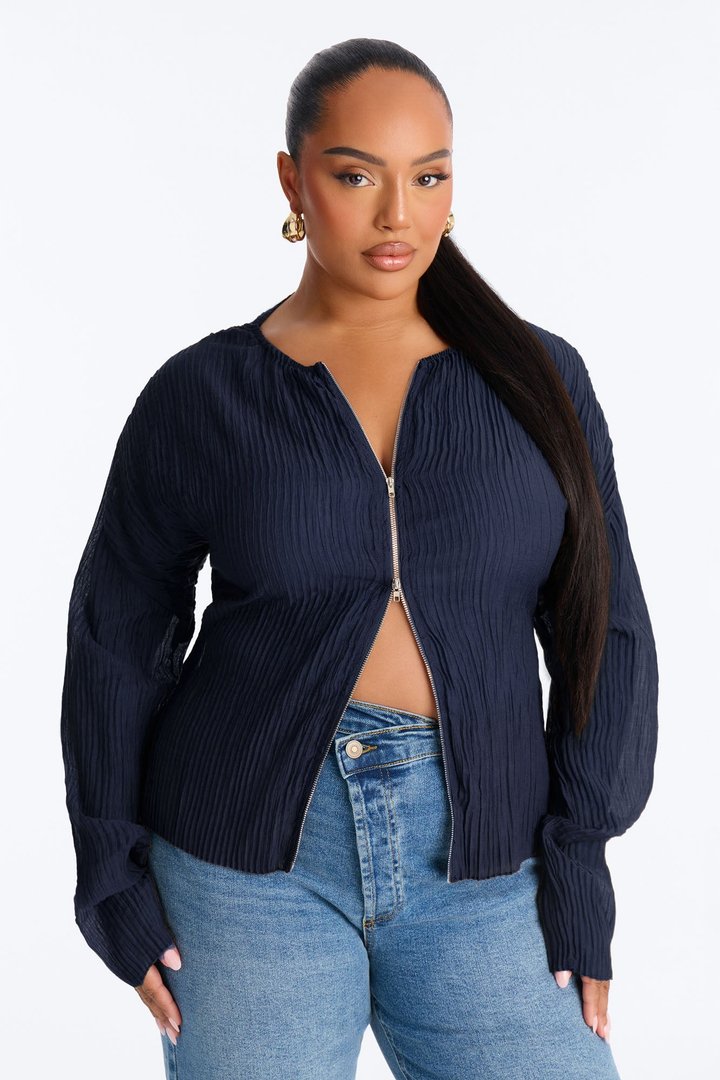 Kasey Front Zip Plisse Top - Navy