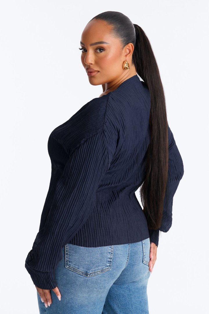 Kasey Front Zip Plisse Top - Navy