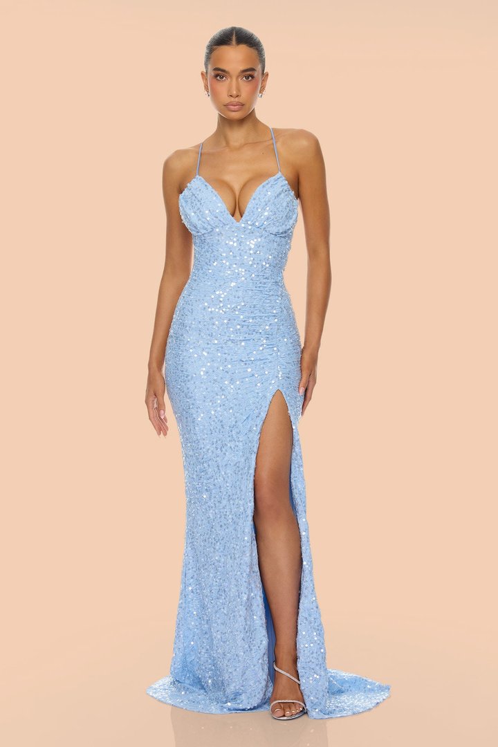 Pixie High Slit Sequin Gown - Light Blue