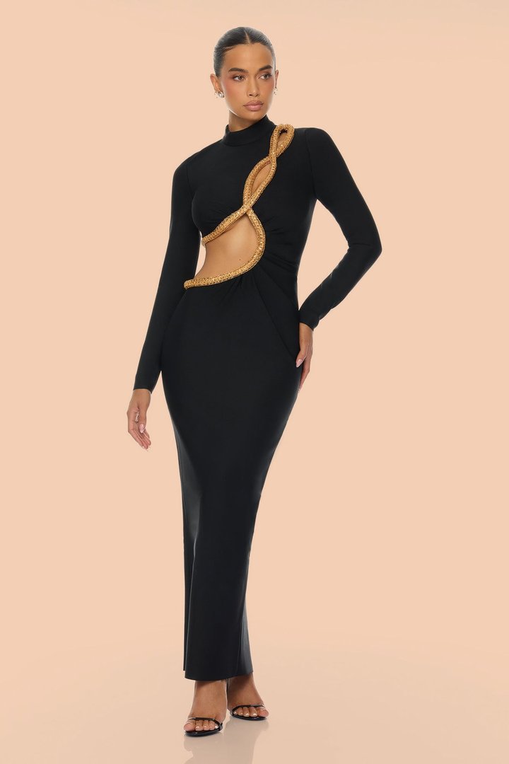 Draya Embellished Long Sleeve Bandage Maxi Dress - Black